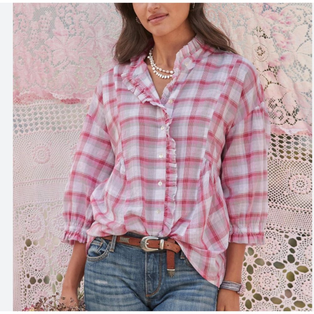 Sundance Janis Pink Red Plaid Ruffle Button Down Blouse Top Size PXS